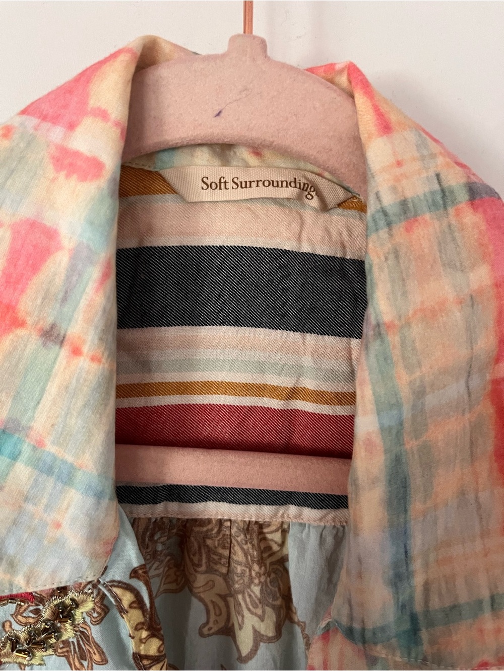 Soft Surroundings Embroidered Pastel Plaid & Stripe Mixed-Print Shirt - Picture 2 of 8